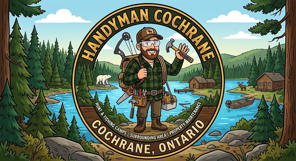 Handyman Cochrane — a handyman with tools on a northern Ontario lakeshore beside a log camp